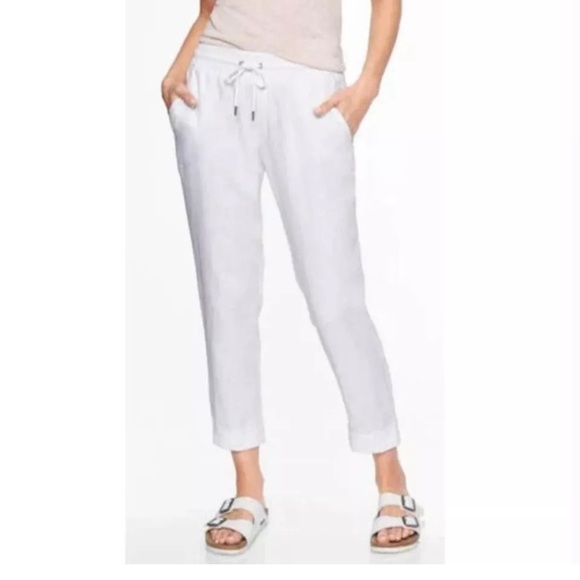 Athleta Pants - Athleta Linen Striped Bali Cropped Pants Womens Size 8P White Drawstring Sheer